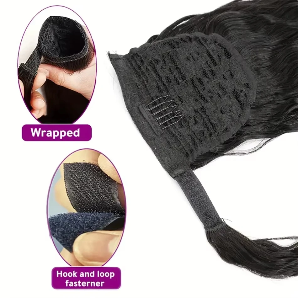 Water Wave Human Hair Ponytail Extensions with Wrap Around 12A Kinky Curly Straight Wave Brazilian Ponytail Human Hair for Women