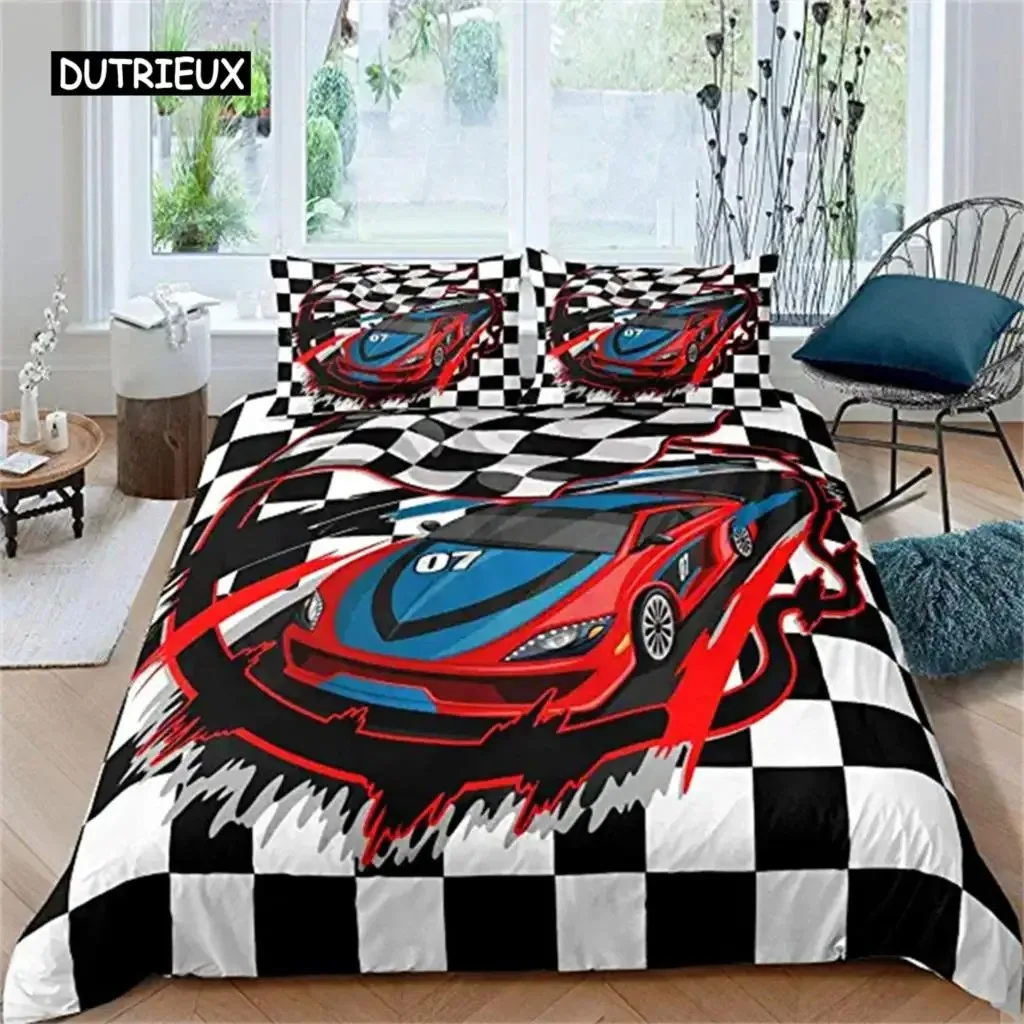 Racing Dirt Bike Duvet Cover Race Car Competition Extreme Sports Black and White Grid for Kid Boy Men Red Automobile Room Decor