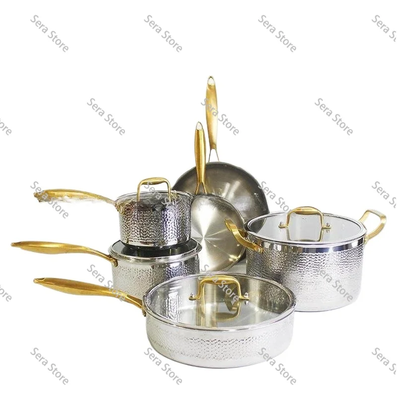 3 Ply Stainless Steel Cookware Set Hammered Pattern Non Stick Uncoated Pots and Pans Set Soup Pot Milk Pot Frying Pan Kitchen