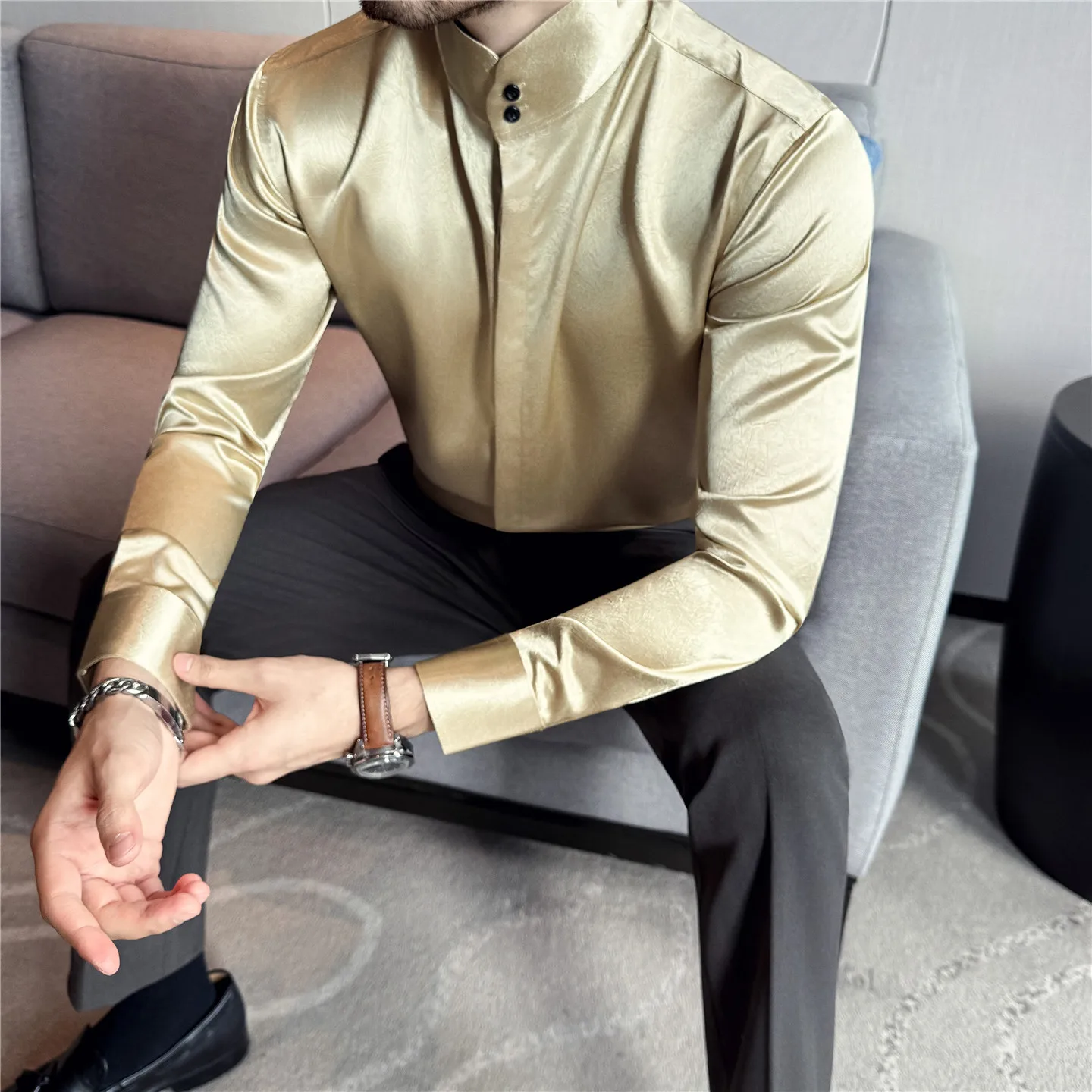 

Shiny Satin Shirts For Man Korean Luxury Clothing Plain Color Long Sleeve Mens Dress Shirt Slim Fit Stand Collar Prom Tuxedo 3XL