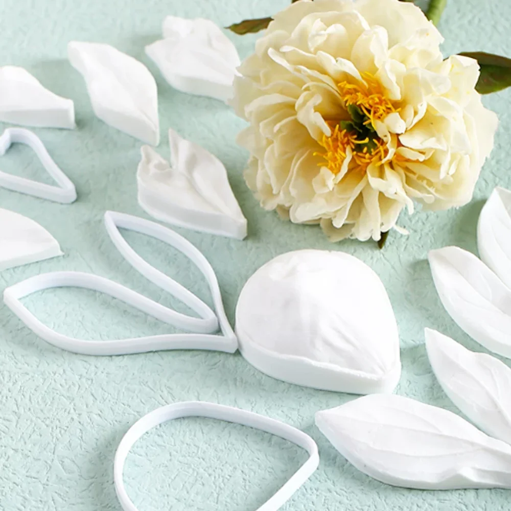 Herbaceous Peony Fondant Flower Mould Set Leaf,Petal Silicone Veining Mold With Plastic Cutters Set Polymer Clay Flower Craft