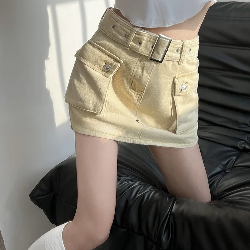 High Waist A-Line  Skirt with Belt Hot Girl Super Short Jeans Women's Workwear Large Pocket Anti-Light Skirt Pants