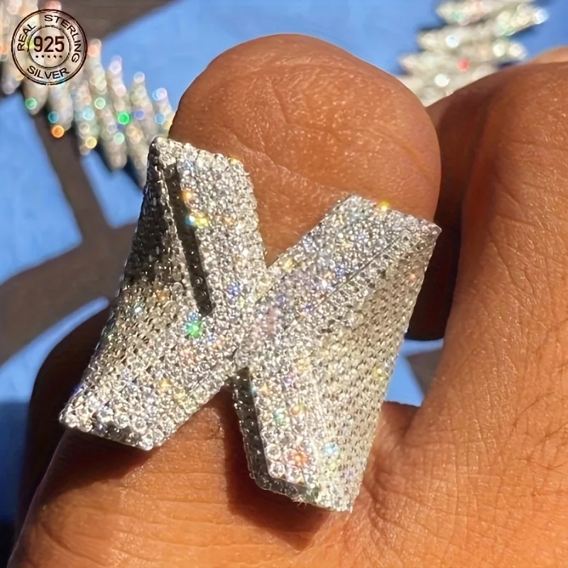 Fully Iced Out Initial X Diamond Letter Rings For Men Luxury 925 Sterling Silver Hip Hop Ring 5A Zircon Platinum Plated Jewelry