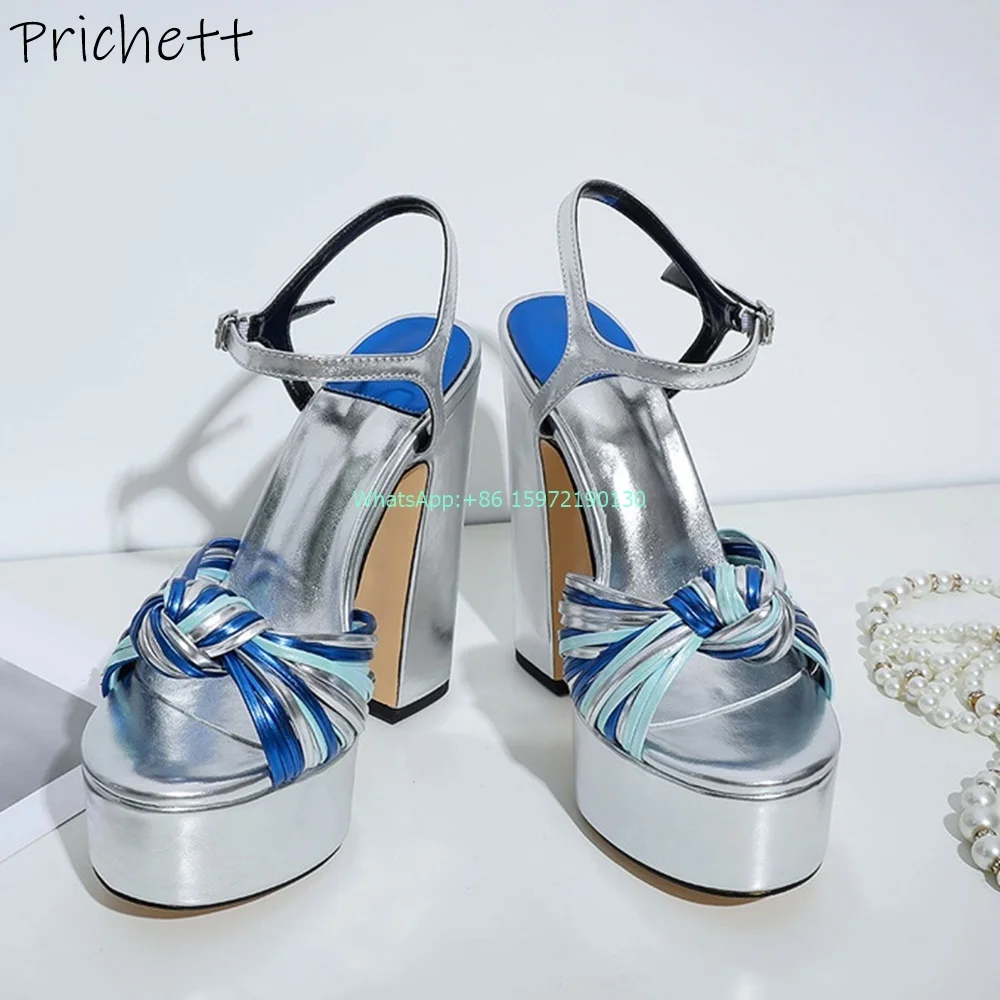 

Twist Mixed Color Sandals Platform Chunky Heels Peep Toe Narrow Band Sandals Silvery Blue Weave Roman Style Ladies Runway Shoes