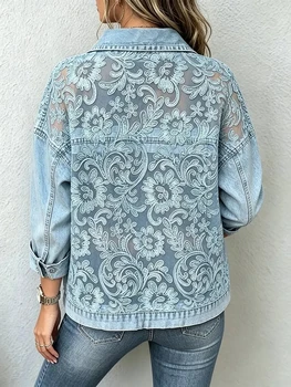 Women’s Lace-Trimmed Cropped Denim Jacket 3 2026 New Women Lace Spliced Denim Jacket Loose Casual Lapel Long Sleeve Single Breasted Short Coat Fashion Streetwear Outerwear 3