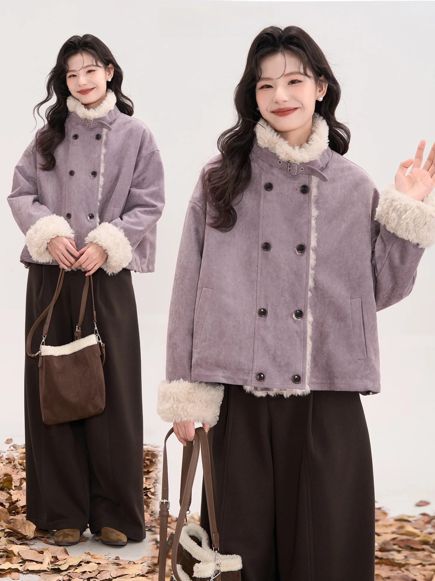 

Утепленная замшевая мотоциклетная куртка для женщин, зимнее повседневное двубортное пальто из полиэстера для молодых женщин