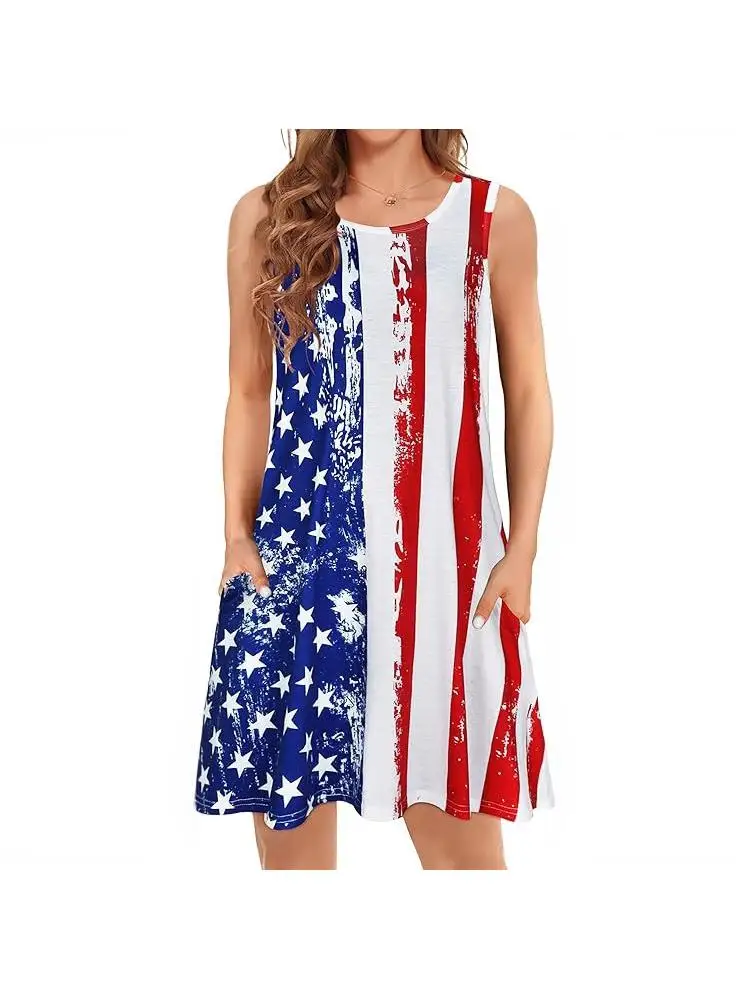 Summer Casual Flag Print round Neck Vest Dress Women's Style Polyester Fiber No Chest Pad Wear Method See Details