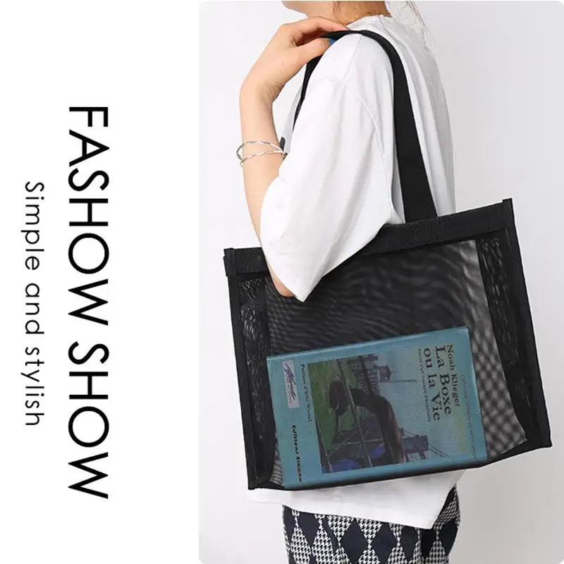 1pc Simple Letters Black Shopping Tote Net Bag Multi-functional Shoulder Bag For Beach Vacation Wash Storage