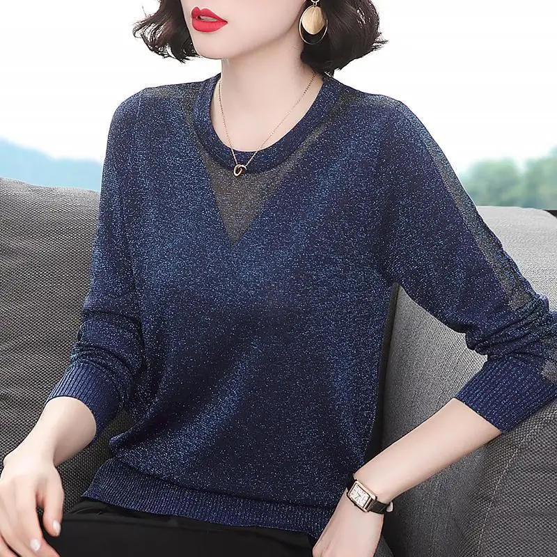 

Autumn Winter Loose Casual Solid Color Shiny Sweater Ladies Round Neck Long Sleeve All-match Knitting Pullovers Women Jumper Top