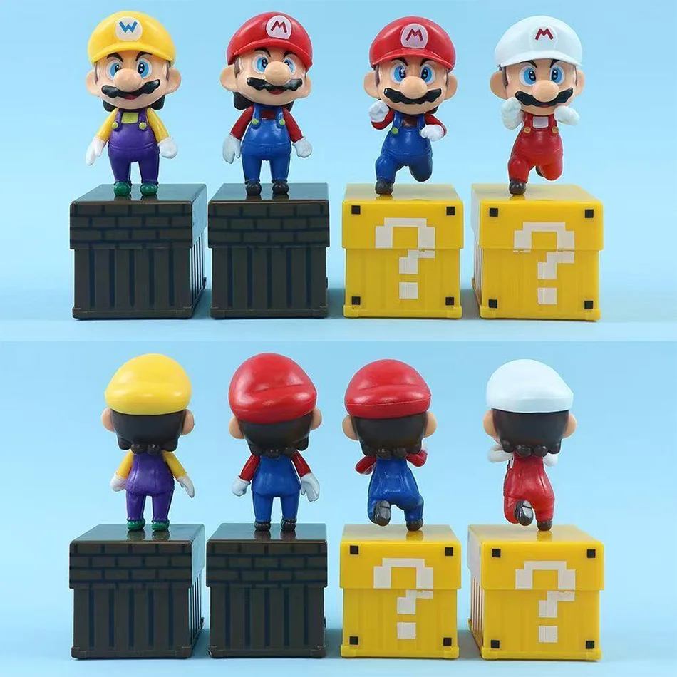 

4pcs/set Super Mario Bros Action Figures Set - Mario & Wario with Question Block Bricks Toy Collection for Kids Gift