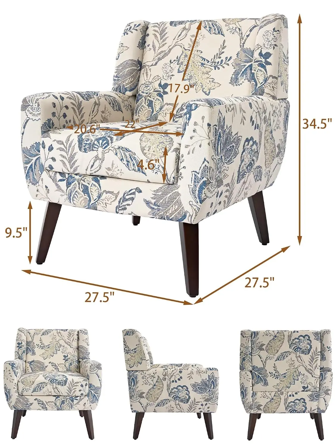 Tufted Accent Chair, Linen Blend Leaf Pattern, Solid Wood Frame Upholstered Club Chair, Living Room & Bedroom, Customized