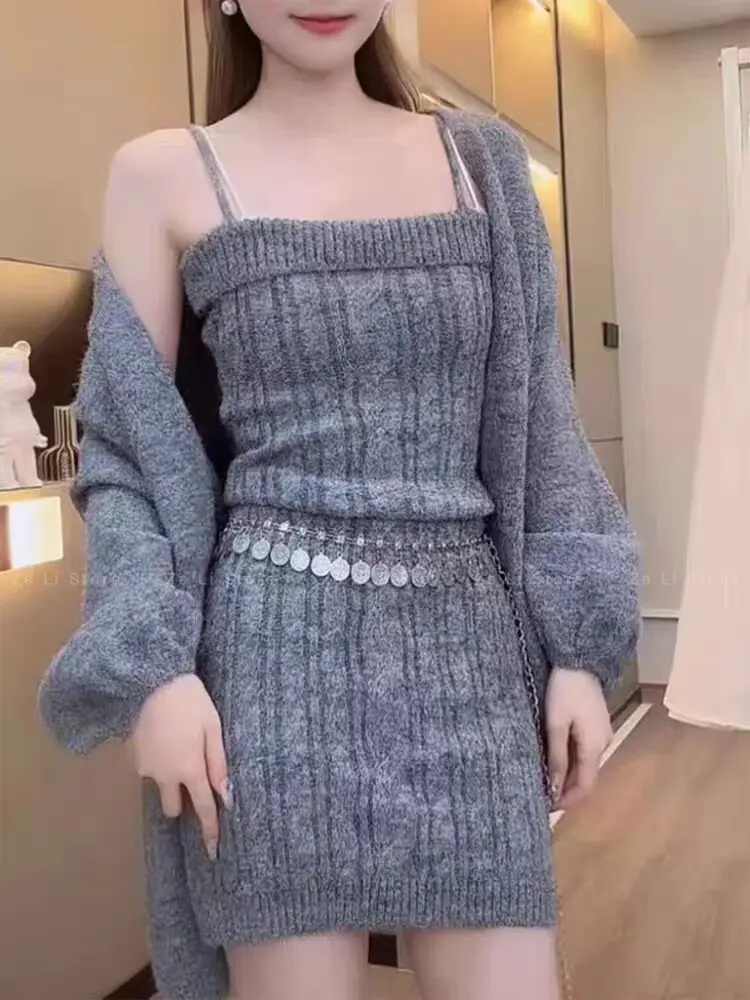 Gentle Wind Knitted Twist Suspender Short Skirt Cardigan Two-piece Suit Women's Early Autumn Lazy People Wear Sweater Jacket