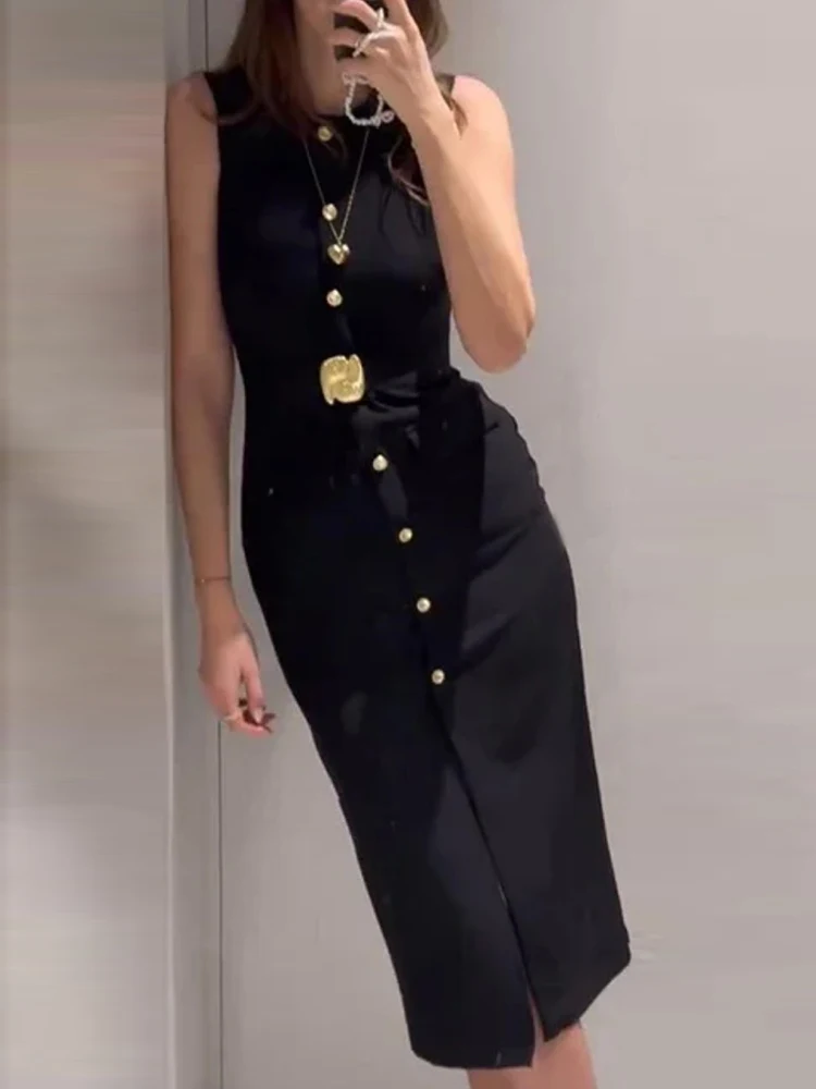 New Spring Autumn Women Maxi Dress for Clothing Casual Sleeveless Ladies Party Dress O Neck Buttons Elegant Streetwear Vestidos