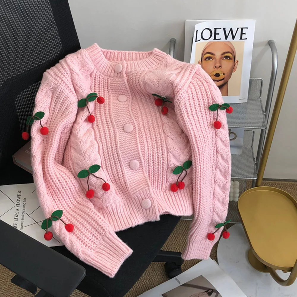 Cherry Pattern Round-neck Knit Cardigan Solid Color Pullover Sweater Button‑Up Loose Fit Long Sleeve Top Casual Sweater Outerwea