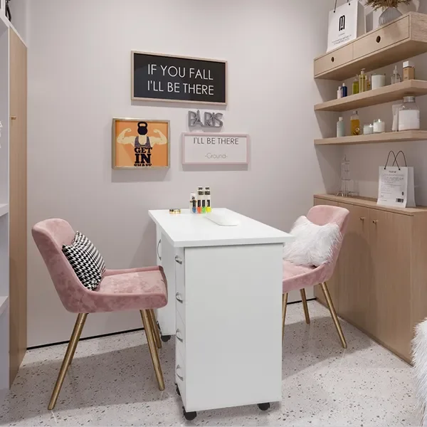 Manicure Nail Table with Drawer Wrist Rest, Mobile Beauty Salon Workstation with 8 Lockable Wheels, P2 MDF Nail Art Desk for