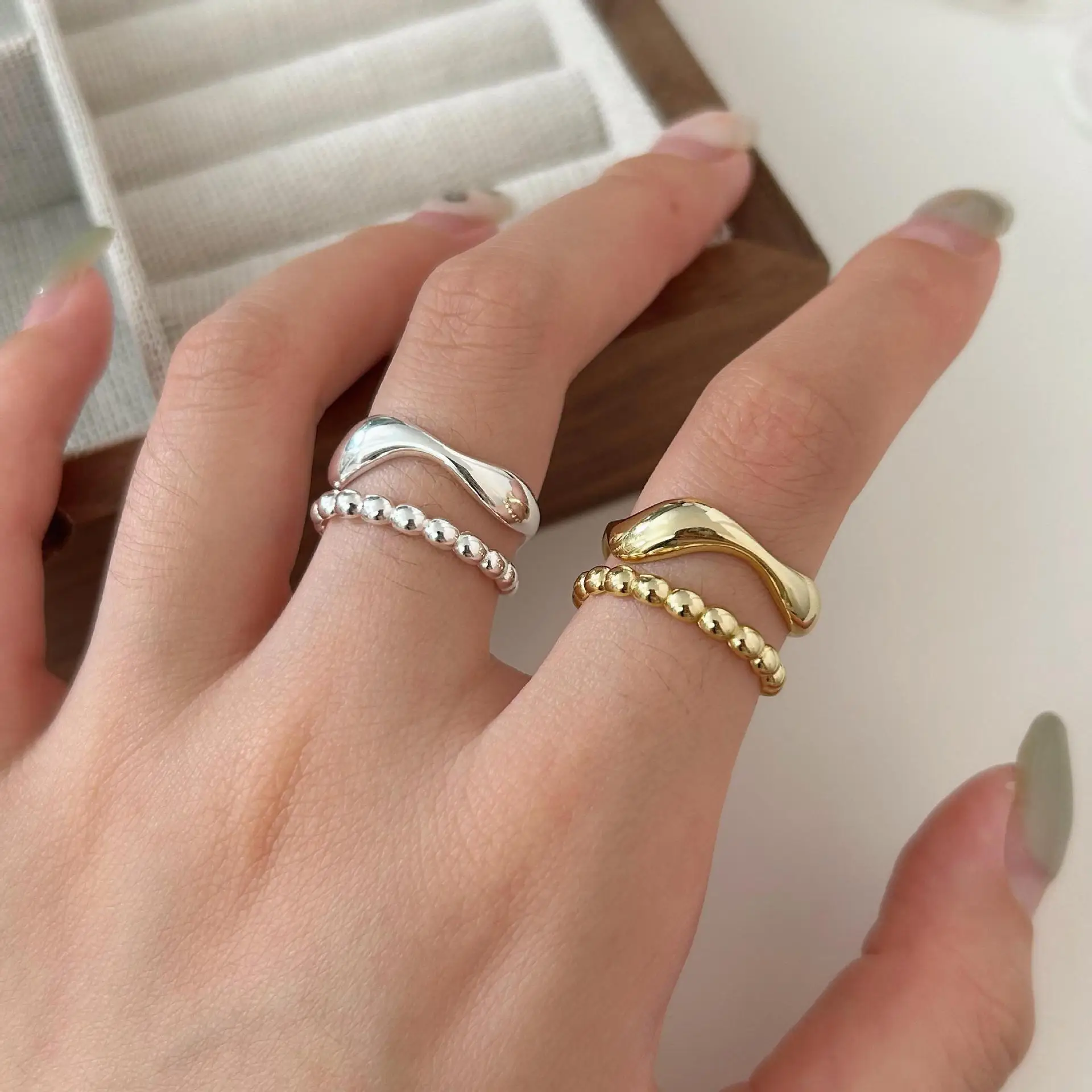Sam Panda 925 Sterling Silver Double Layers Beaded Wave Ring For Women Gift Irregular Trendy Jewelry Wholesale Dropshipping