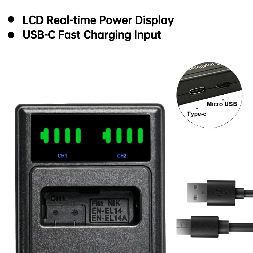 PUJIMAX PUJIMAX EN-EL14 Battery LCD Dual Slots Charger for Nikon D3100 D3200 D3300 D5100 D5200 D5300 Aparat Coolpix P7100 Camera