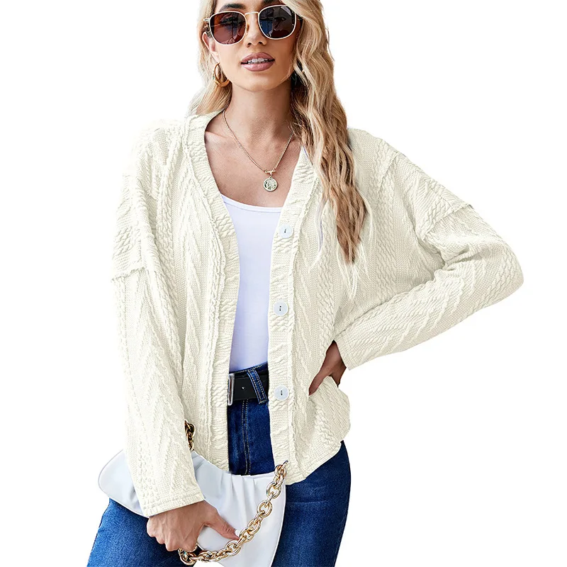 Pure Color Sweater Women Spring And Autumn Mid-length V-neck Simple Temperament Knitted Cardigan Casual Single-breasted Sweater