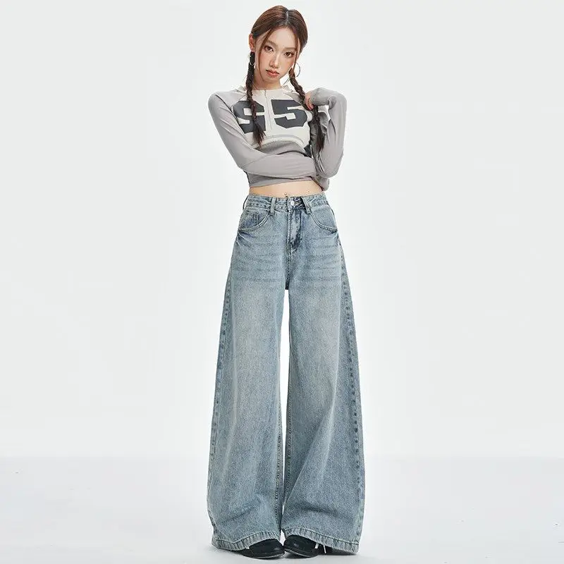 Women American Retro Light Wash Wide Leg Denim Jeans, Summer High Rise Slim Fit Loose Lazy Floor-Grazing Straight Pants