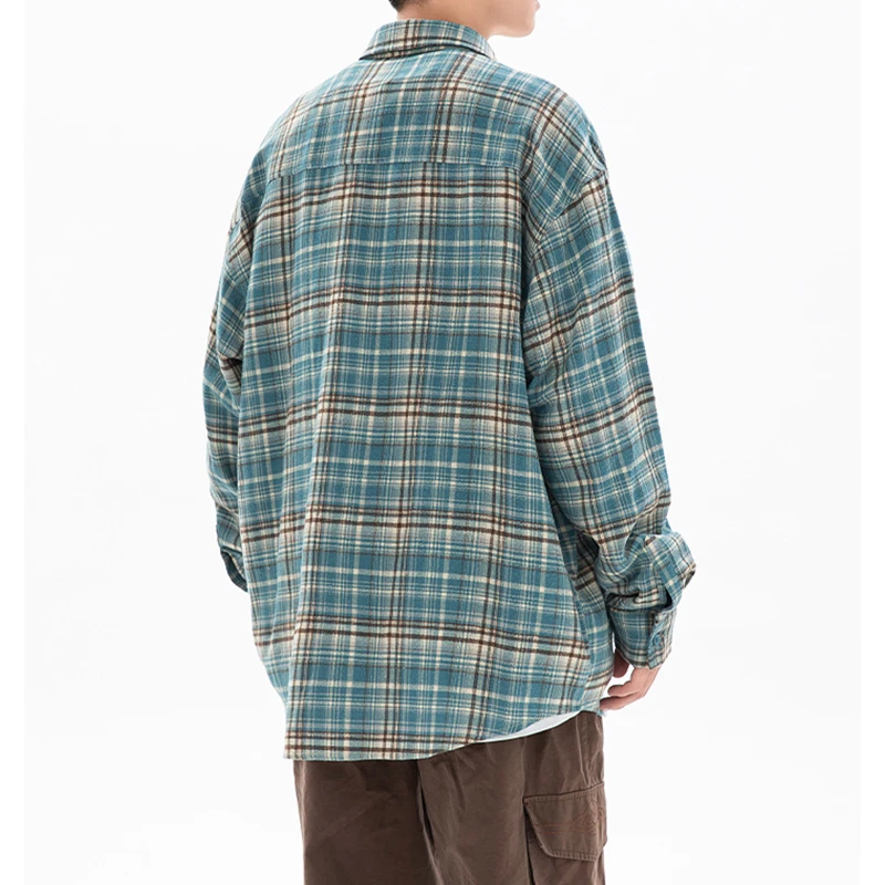 Autumn Casual Men's Double Pockets Plaid Long Sleeve Shirt Vintage Loose Shirts Handsome Harajuku Couples Cozy All-match Shirt