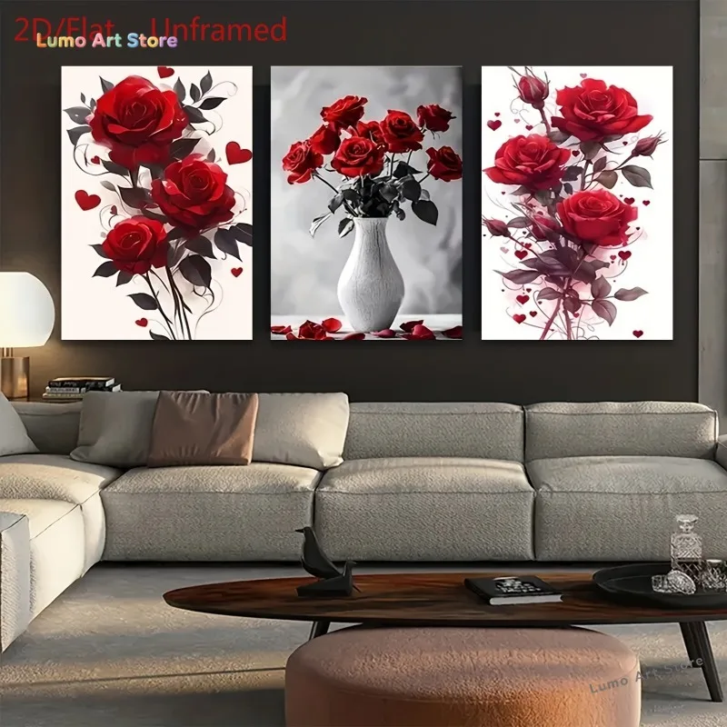 2D Flat, 2D Flat, 2D Flat 3-Panel Red Rose Art Decor Painting, Wall Art Canvas Print, Living Room Home Decoration, Frameless