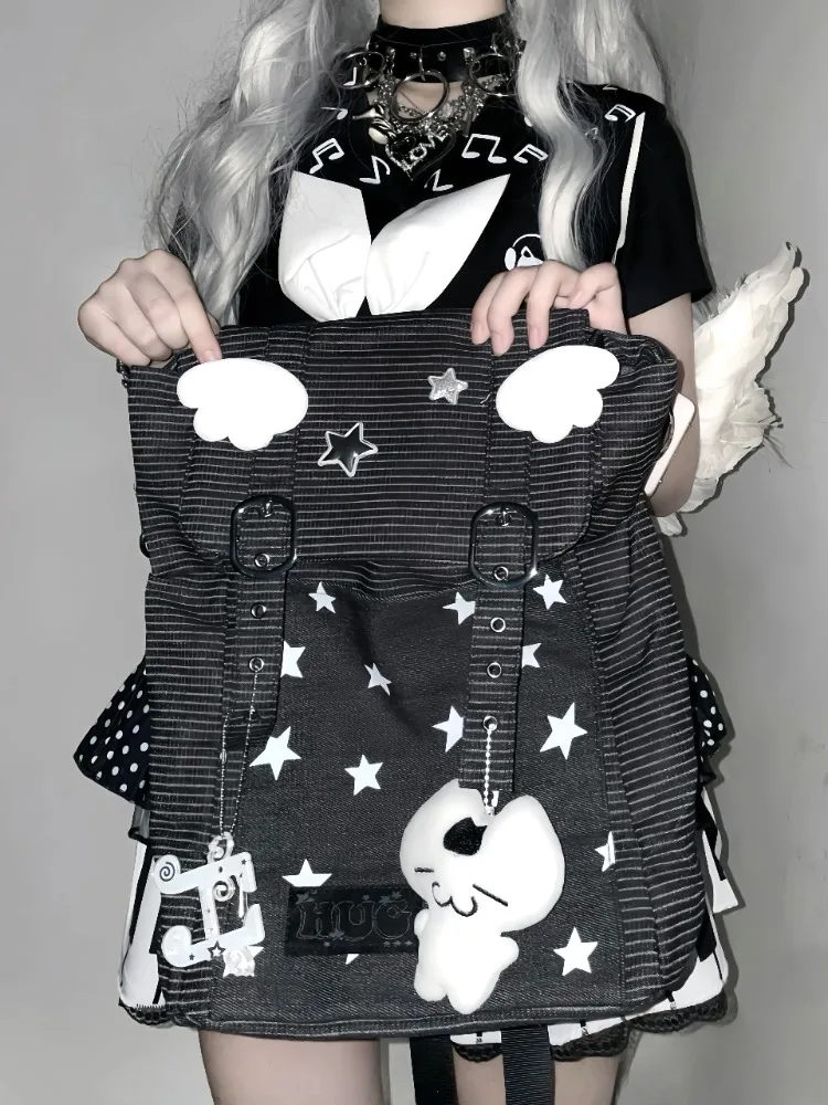 Handmade Small Wings Music Note Star Doll School Bag Polka Dot Shoulder Bags Strap Striped Backpack Large Capacity Bag