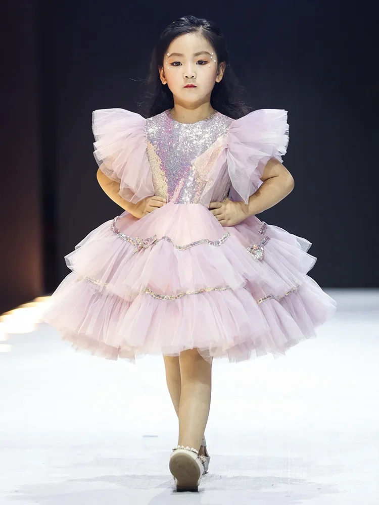 

2025 Girl'S Ceremony Dresses Luxury Evening Dress for Baby Girl Kids Sequins Tulle Tutu Clothing Party Infants Child Partywear