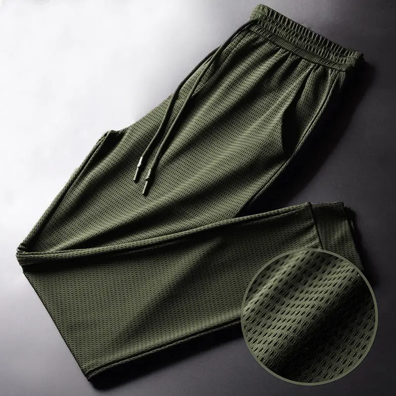 Calças esportivas masculinas para pesca ao ar livre, malha de penas, secagem rápida, respirável, roupa fina, verde, casual, verão