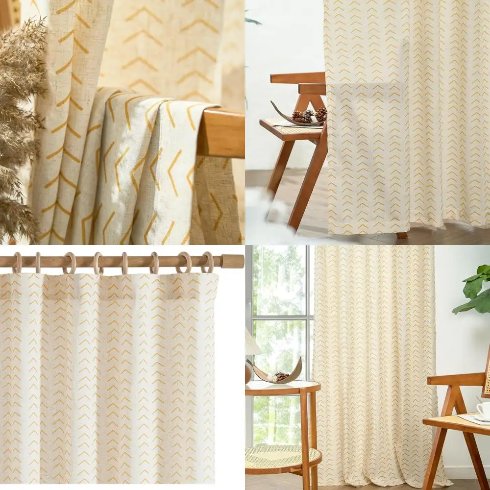 

Желтые льняные шторы в стиле бохо с узором «елочка», полупрозрачные 96 штор в фермерском стиле, набор из 2 панелей с карманом для стержня