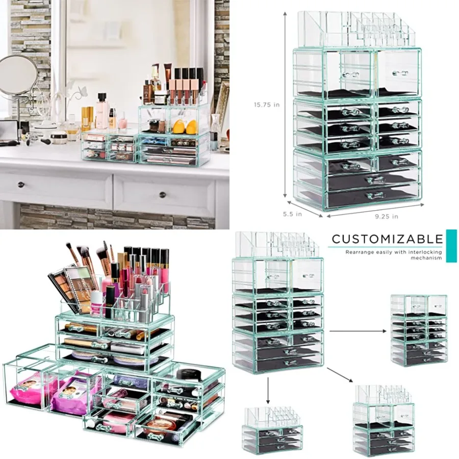 

Large Makeup Organizer - Stackable Jewelry Makeup Organizer For Vanity, Bathroom Storage, Dresser - 12 Drawers Cosmetic Beauty