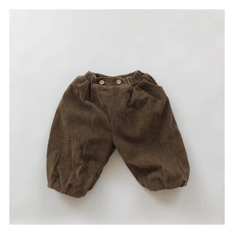 

Korean Style Straight Corduroy Vintage Baby Pants Elastic Button Loose Coffee Pocket Newborn Pants Autumn Winter