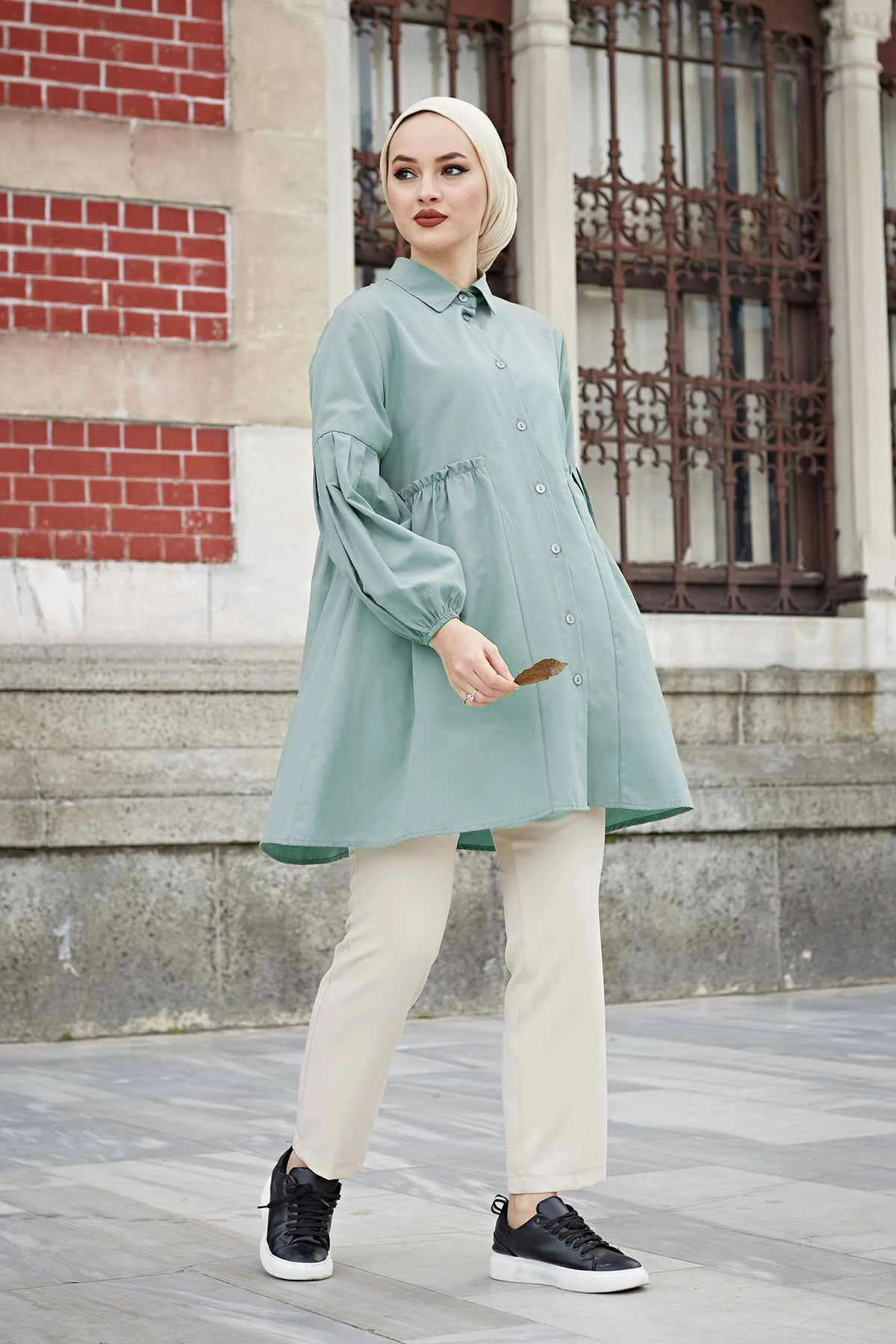 Handle Pleated Poplin Shirt MD Mint Winter Autumn 2021 Muslim Women Hijab headscarf islamic Turkey