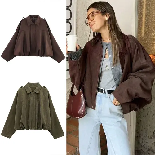 HH, moda para mujer, abrigo de gamuza sintética marrón café, chaqueta Bomber de manga larga con cremallera, chaquetas holgadas informales de gran tamaño para oficina para mujer