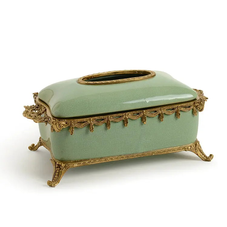 

Зеленая керамика с медной высококачественной декоративной коробкой для салфеток, американской скандинавской виллой, гостиной, спальни, насосной коробкой