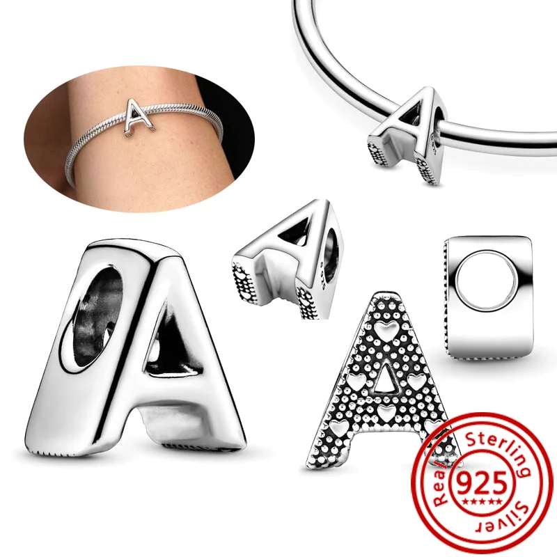 Hot Sale 100% 925 Sterling Silver 26 Letter A~Z Alphabet DIY Name Beads Fit Original Pandora Charm Bracelet Bangles Fine Jewelry