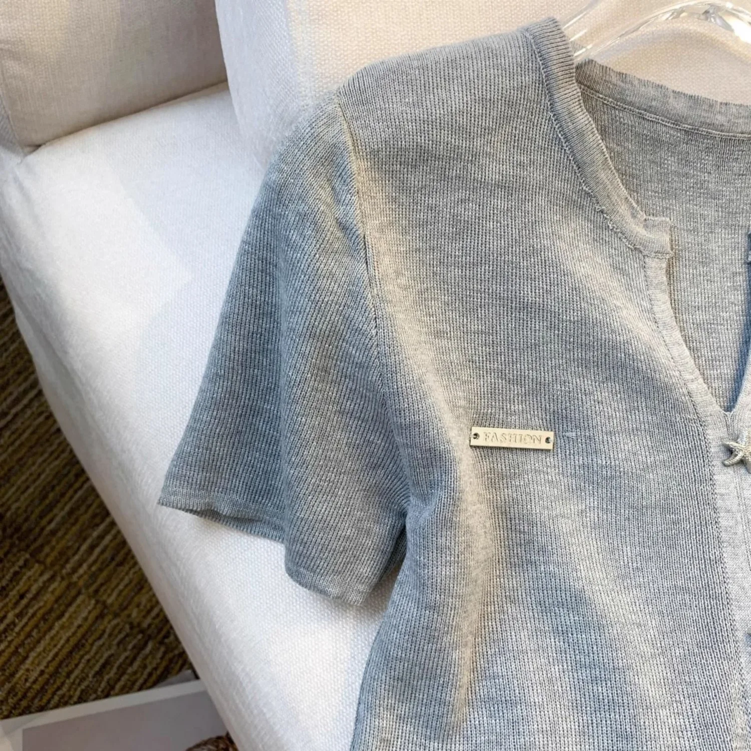 Summer Ice Silk Knitted Sweater Women Short Sleeve White T-shirt Button Thin Tops Design Loose Casual Coat Short Tees Black Grey