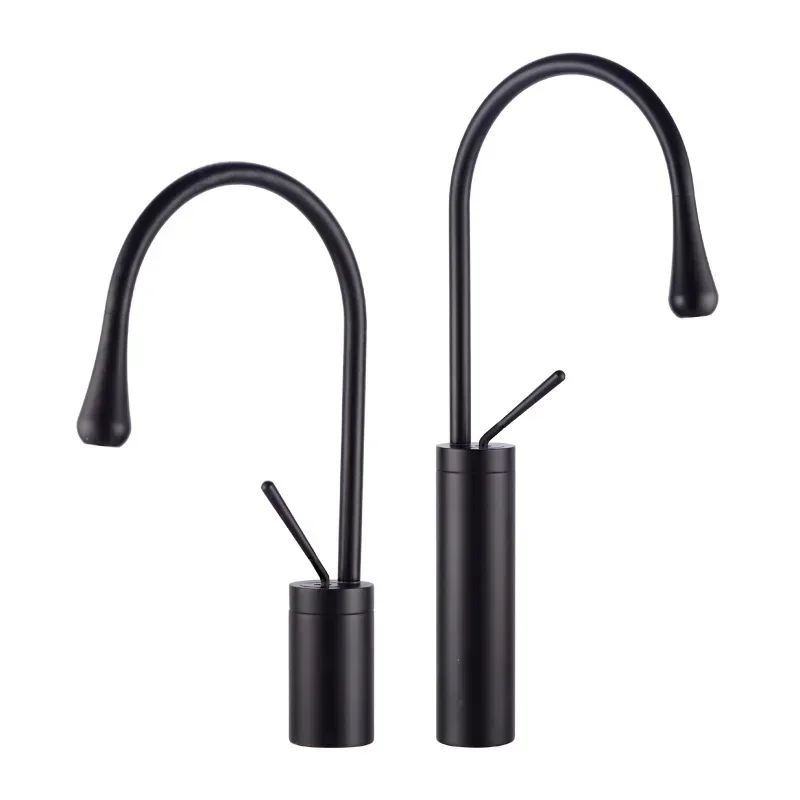 

Скандинавский простой цельномедный черный смеситель для раковины с горячей и холодной водой, европейский стиль, настольный, с поворотным изливом.