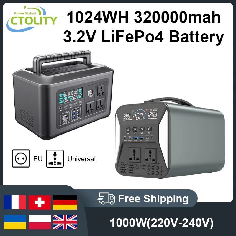 1000W 1024WH Camping Portable Power Station 220V EU Lifepo4 Battery Camping Powerstation Bank Solar Generator RV Camping Laptop