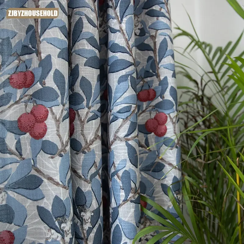 

Yangmei Red American Curtains for Living Dining Room Bedroom Retro Printed Curtains Blue Plant Flowers Cotton Linen