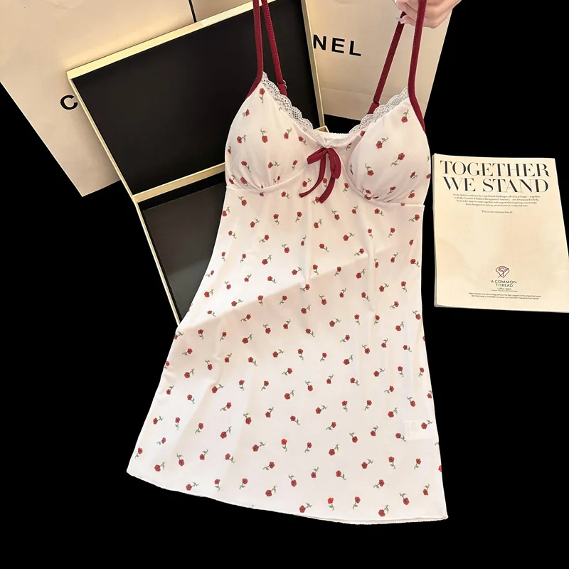 Damen Sexy Dessous mit Schleifendetail, Neues Sommer-Nachthemd aus Eisseide mit Rippenmuster, Stretch-Spitze und Polka Dots, Spaghetti-Trägern, Loungewear