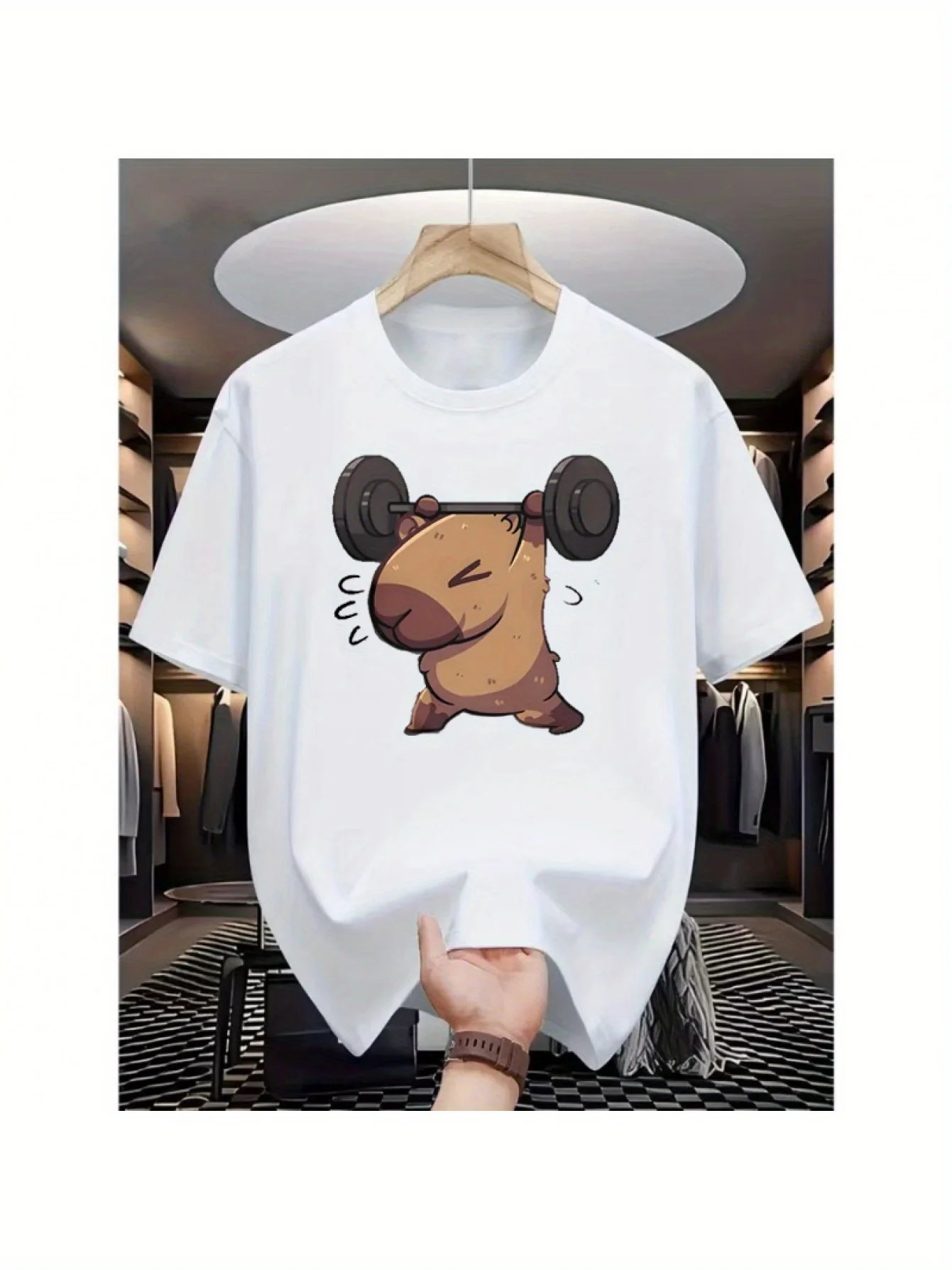 

Weightlifting Capybara Graphic Tee Funny Animal Gym Workout Cotton Short Sleeve T-Shirt Men Casual