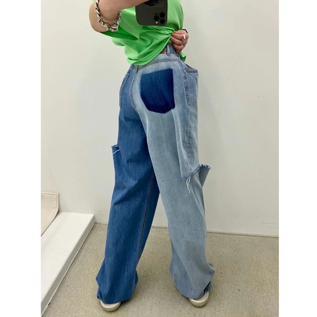 

Casual High Waist Straight Leg Blue Jeans Women's Distressed Patchwork Color Block Personality Versatile Loose Fit Jeans