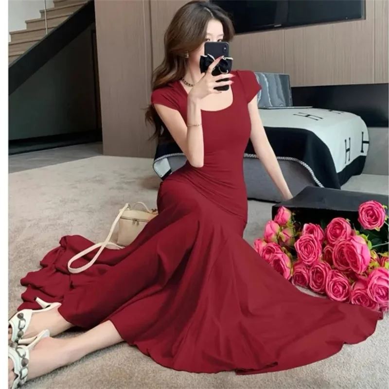 Summer Step by Step Lotus Short Sleeve Temperament Long Dress Shows Body Shape, Waist Tight Dress Tailored Fishtail Skirt