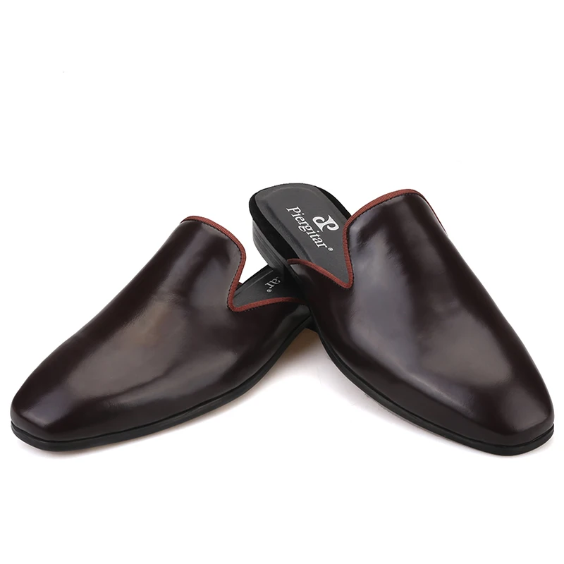 Piergitar New Style Black And Brown Genuine Leather Classic Men's Mules For Fashion Party And Show Smoking Slippes Plus Sizes