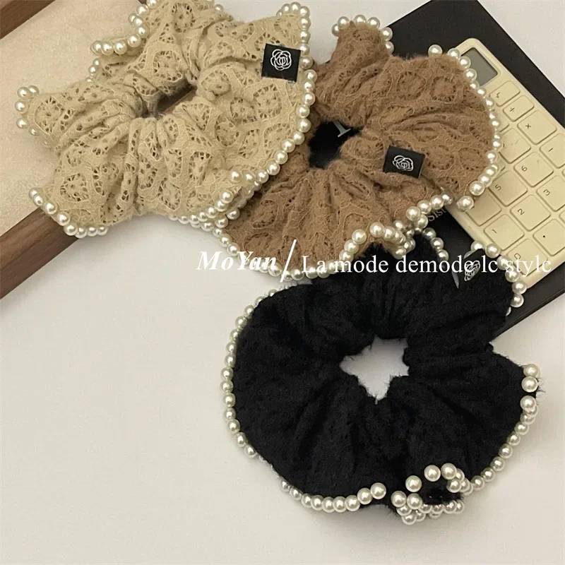 French Style Temperament Plush Pearl Large Intestine Hair Band Women\'s High Sense Tie-up Hair Rope 2023 New Ball Head Rope