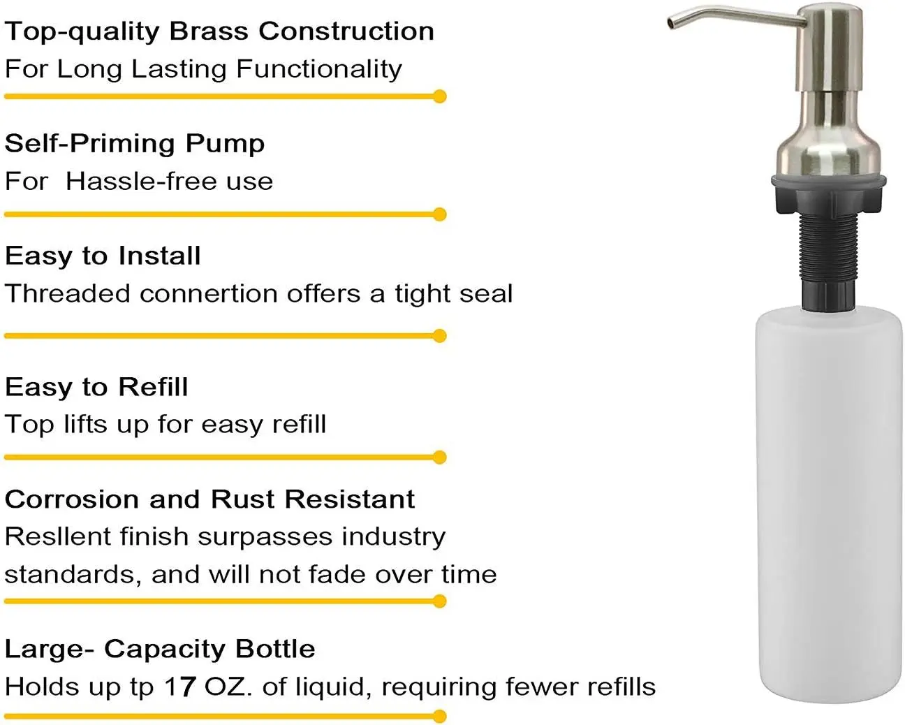 Dispenser di sapone con pompa a pressione in acciaio inossidabile 304 – Bottiglia riutilizzabile da 17 once per dispenser di sapone per lavello da cucina, bancone del bagno