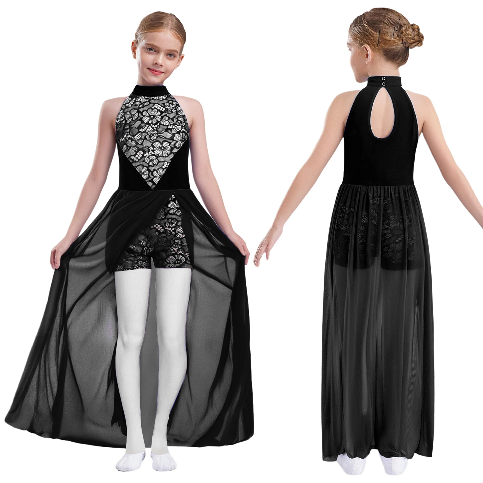 Children Girls Sleeveless Lace Mesh Modern Lyrical Dance Leotard Dress Figure Skating Gymnastics Acrobatics Performance Costume