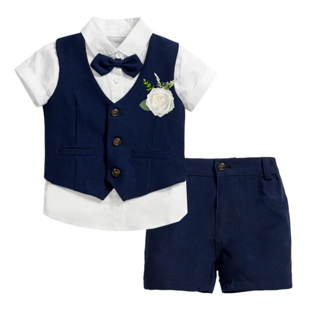 Gentleman Wedding Flower Boys Clothes 1 2 3 4 5 6Y Baby Summer Corsage Vest Formal Cotton Outfit Kids Solid Birthday Costume