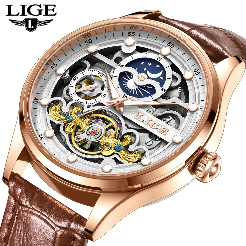

LIGE 2026 Men's watch luxury mechanical watch waterproof luminous clock fashion moon phase sport watch men reloj Men's Gift+BOX