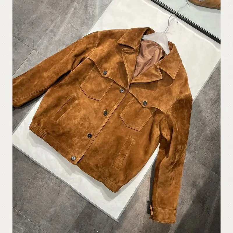 Giacca in pelle di agnello naturale per donna 100% vera pelle scamosciata tasche retrò marrone cappotto da donna maniche lunghe Chaquetas Mujer
